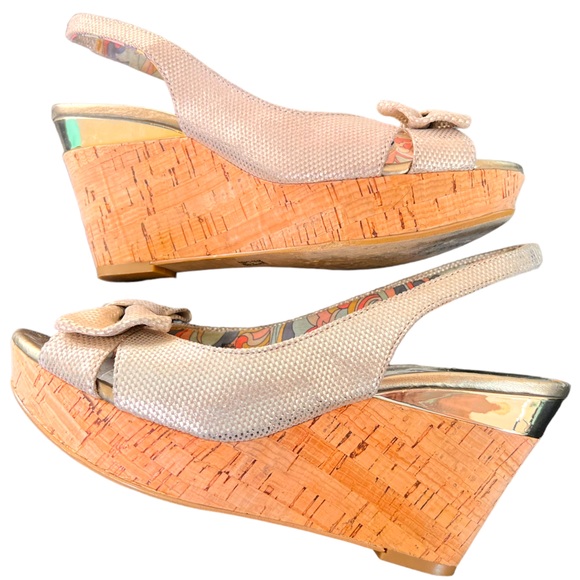 Anne Klein Gold Tone Leather Upper Cork Wedge Open Toe Sandal with Large Bow - Picture 16 of 16